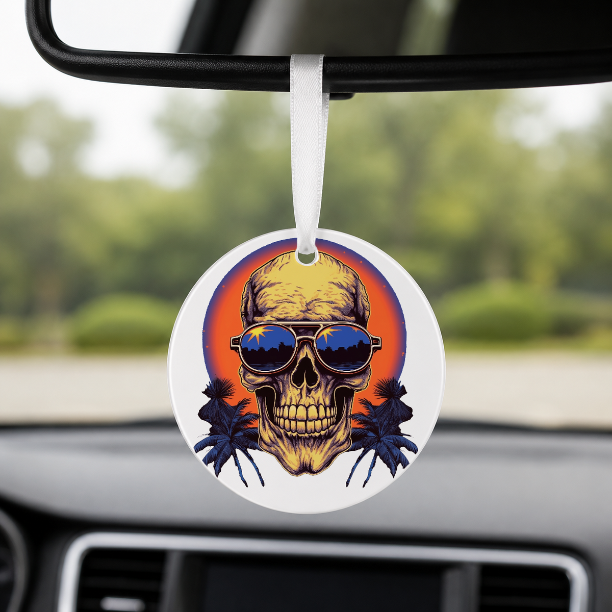 Sunset Skull - Blue Circle Palms - Round Car Charm in white