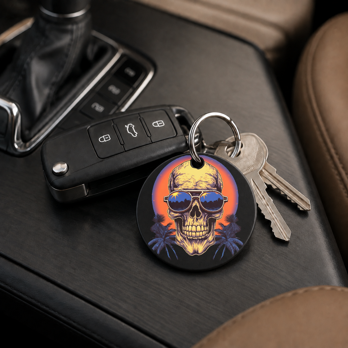 Sunset Skull - Blue Circle Palms - Keychain in black