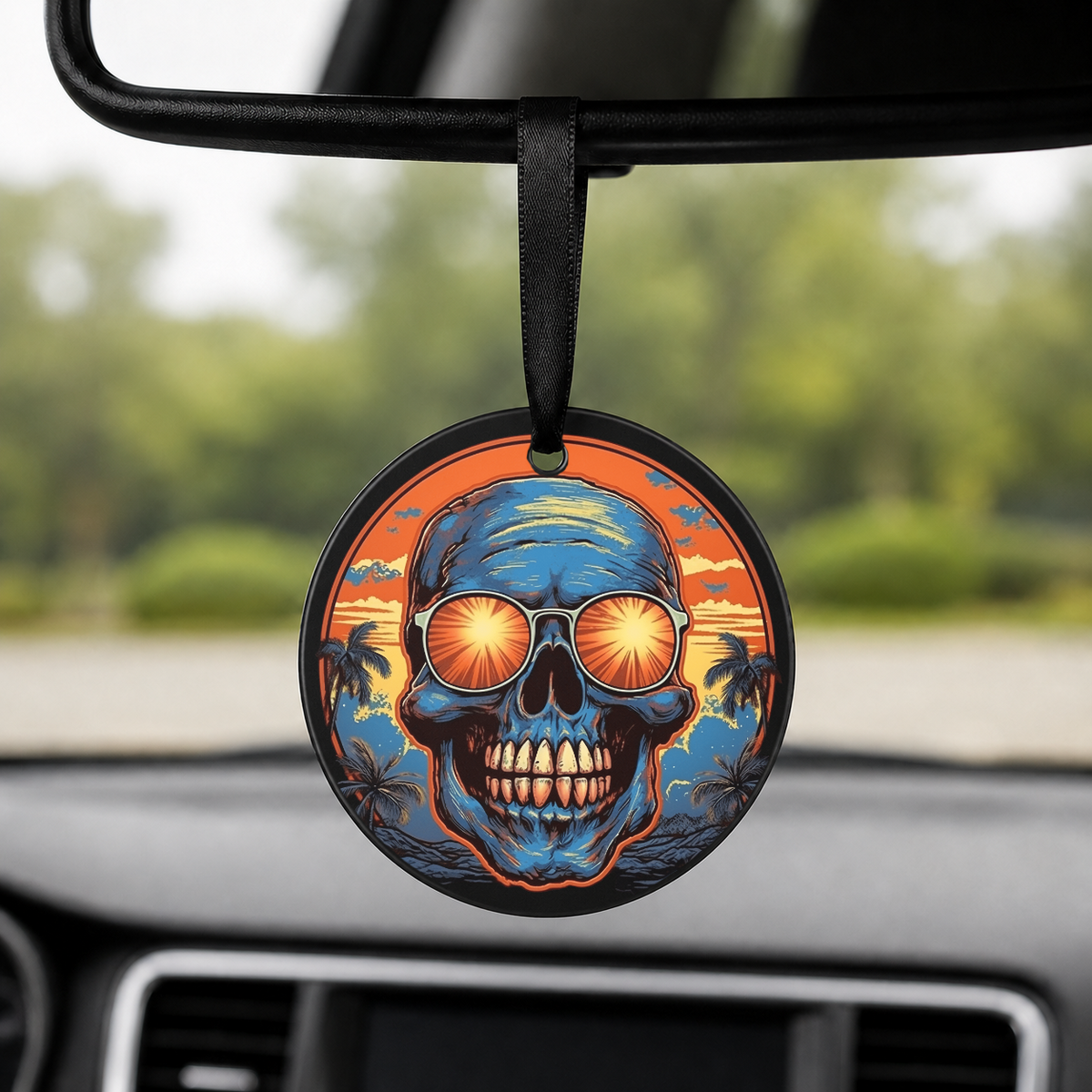 Sunset Skull - Blue Ocean Glasses - Round Car Charm in black