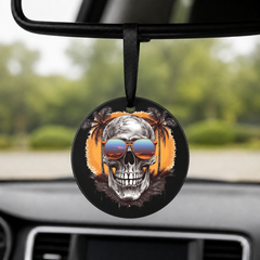 Sunset Skull - Grey Palms - Round Car Charm in black