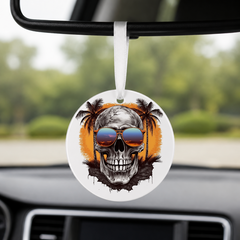 Sunset Skull - Grey Palms - Round Car Charm in white
