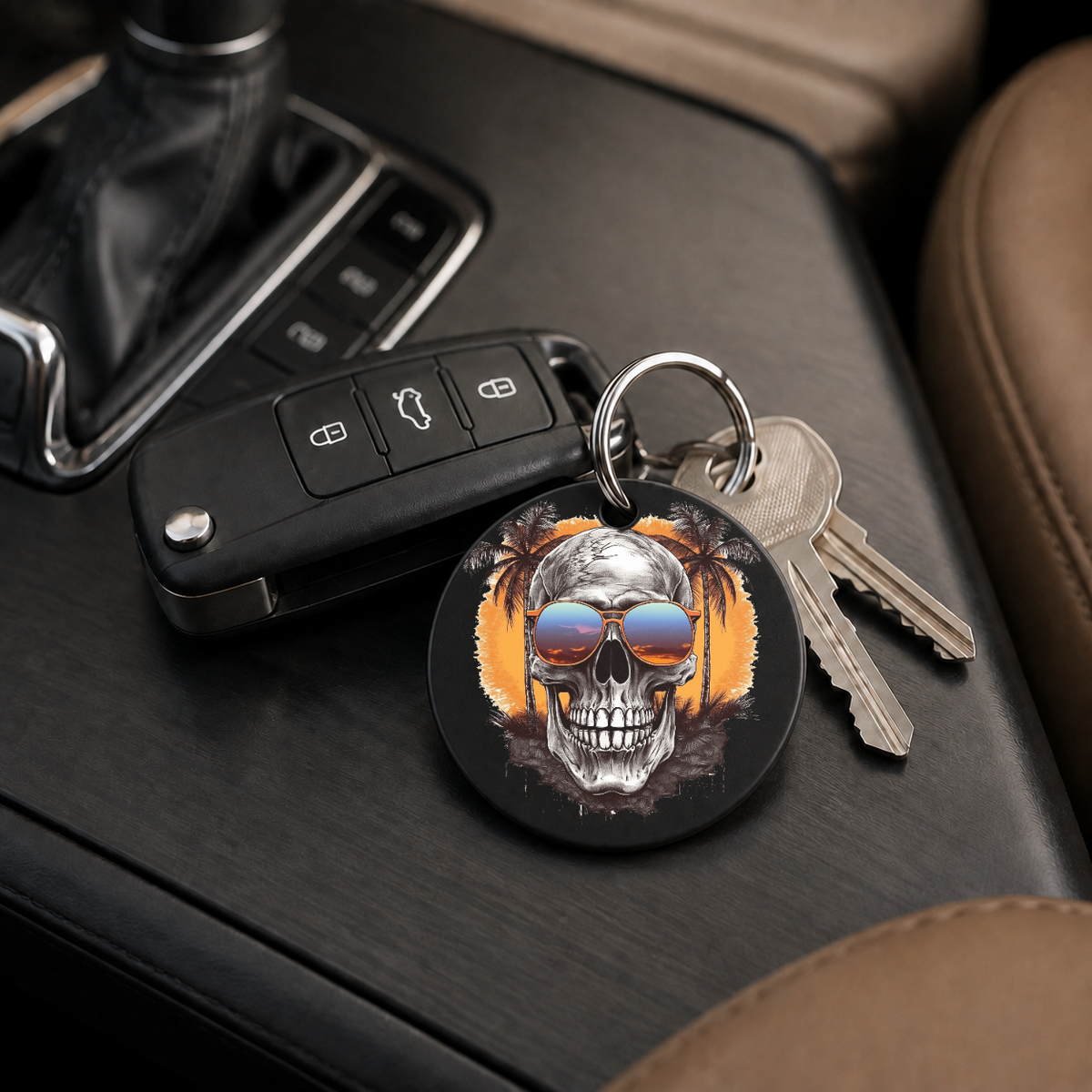 Sunset Skull - Grey Palms - Keychain in black
