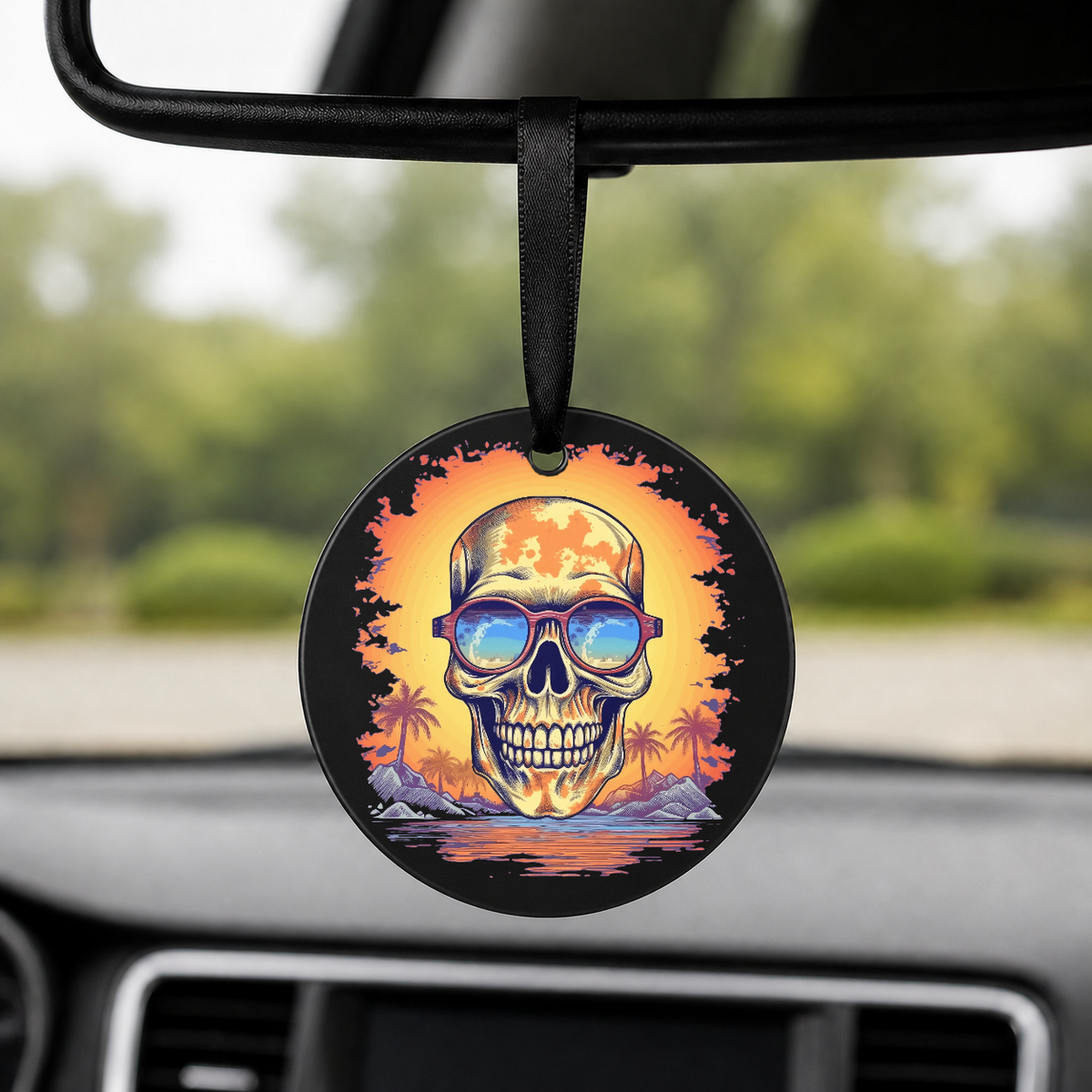 Sunset Skull - Island Glow - Round Car Charm in black