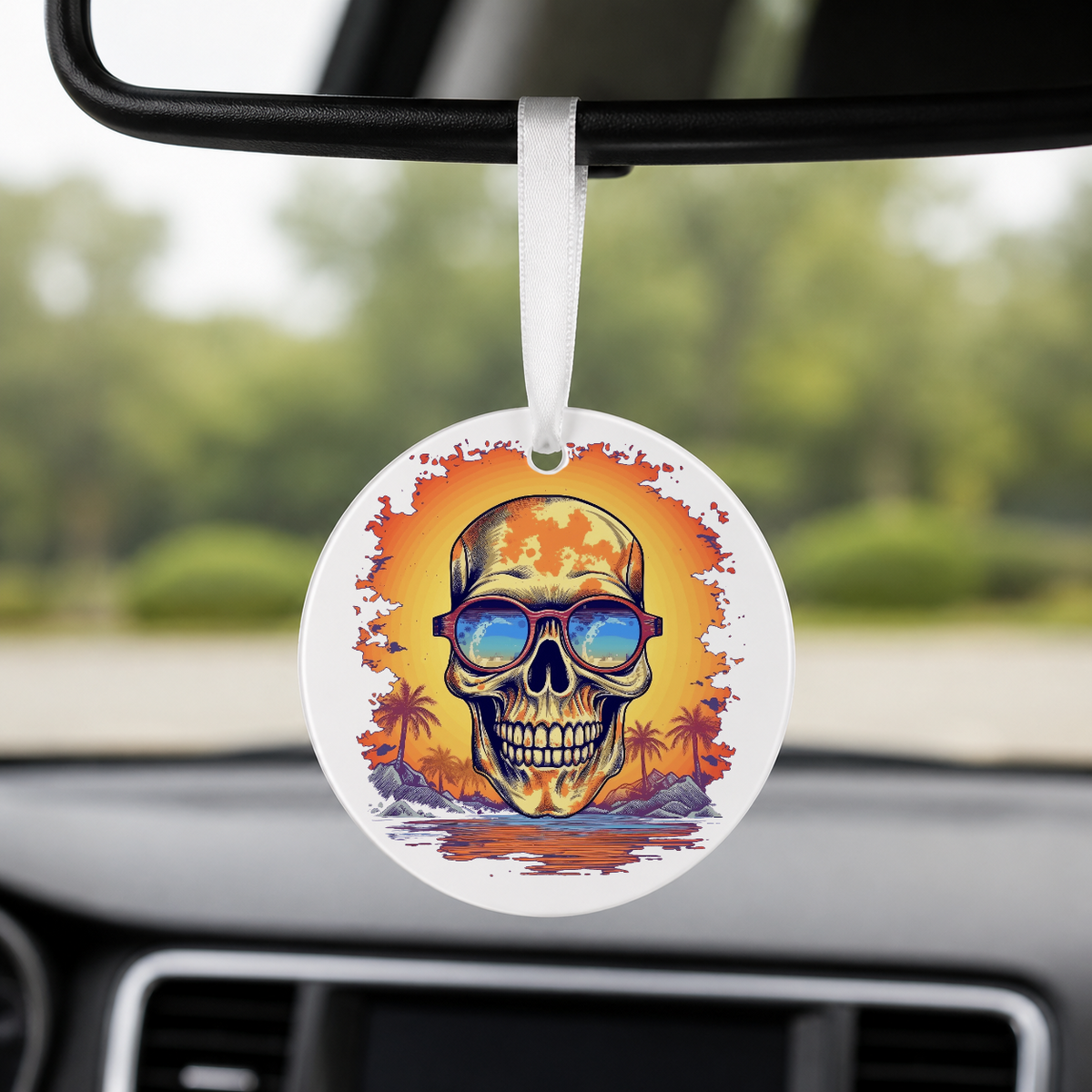 Sunset Skull - Island Glow - Round Car Charm in white
