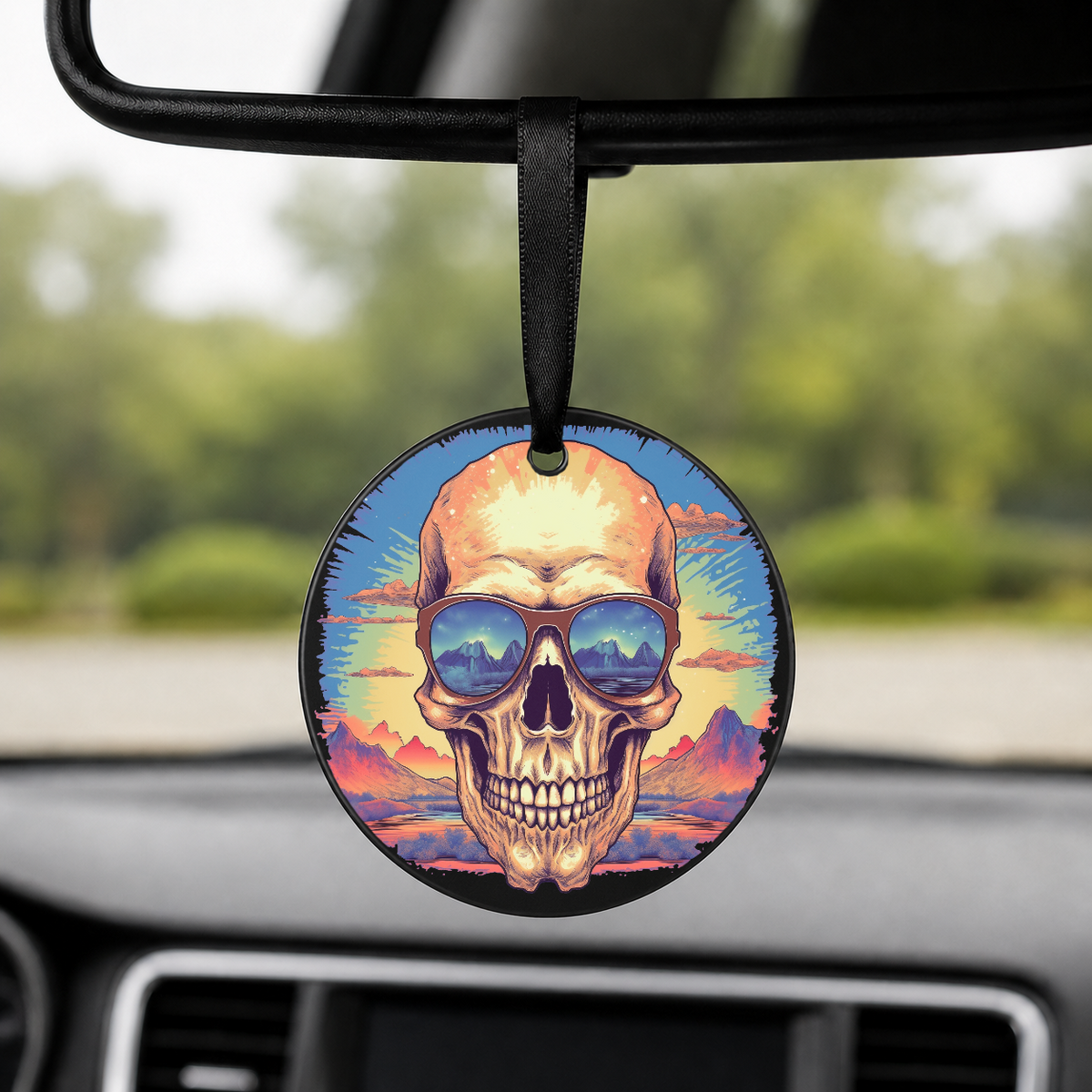 Sunset Skull - Mountains Colorful Glow - Round Car Charm in black