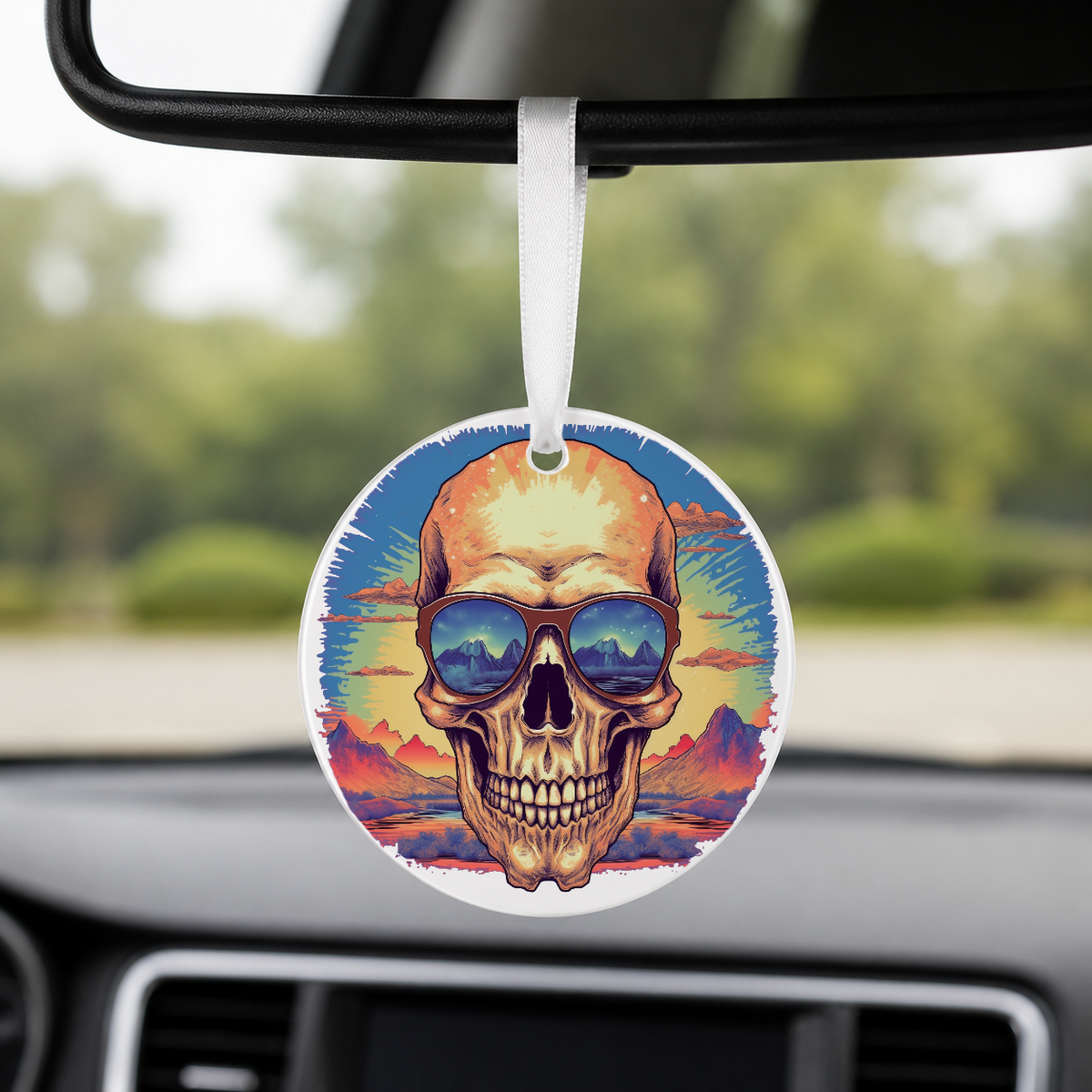 Sunset Skull - Mountains Colorful Glow - Round Car Charm in white