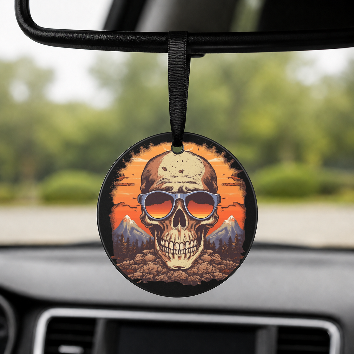 Sunset Skull - Mountains Grey - Round Car Charm in black