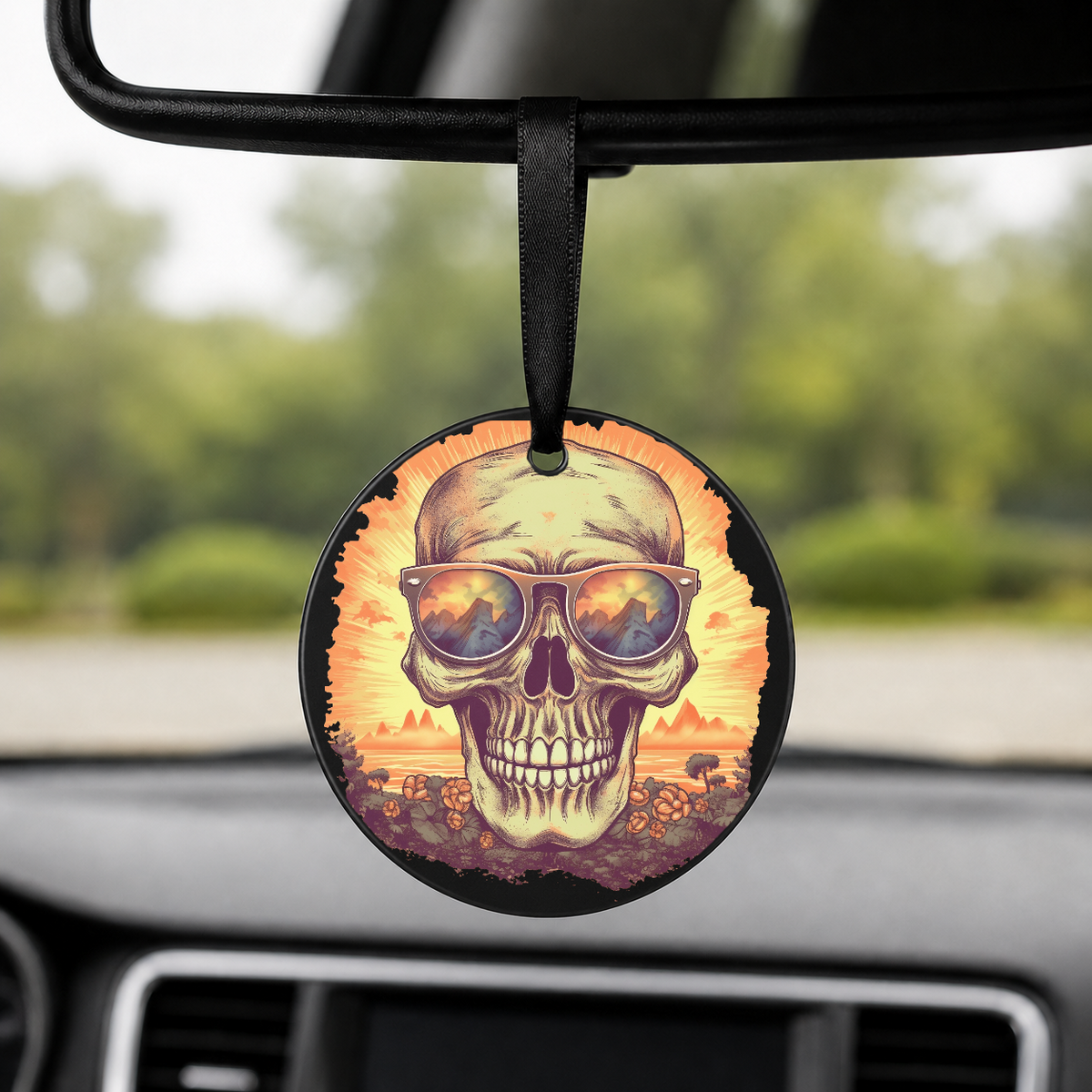 Sunset Skull - Mountains Sunburst - Round Car Charm in black
