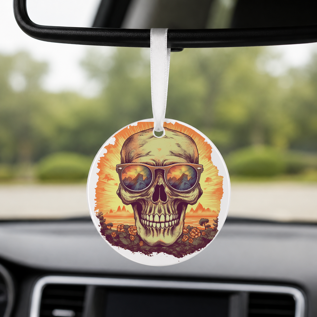 Sunset Skull - Mountains Sunburst - Round Car Charm in white