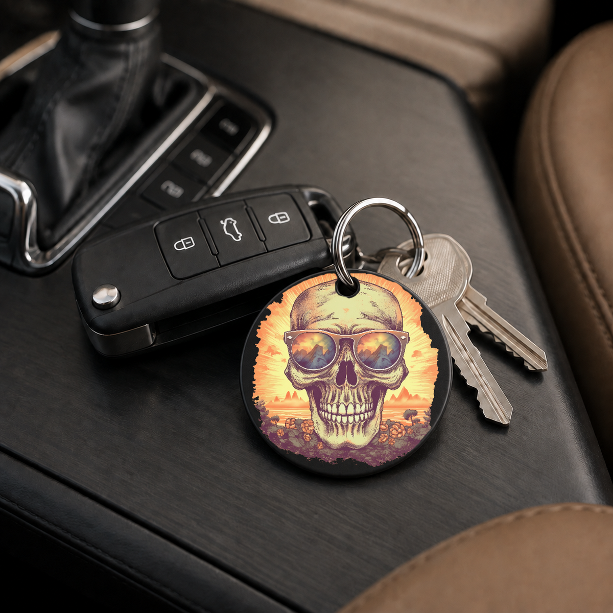 Sunset Skull - Mountains Sunburst - Keychain in black