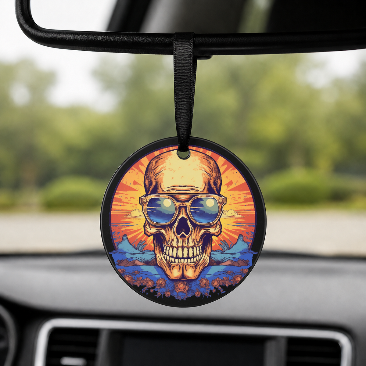 Sunset Skull - Ocean Waves Circle - Round Car Charm in black