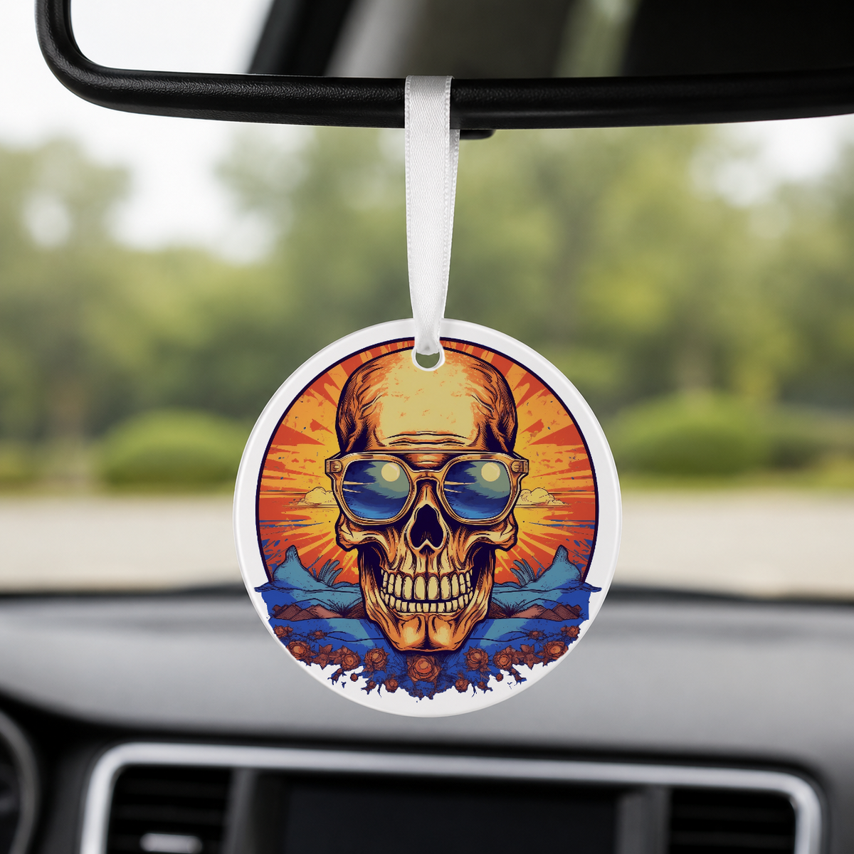 Sunset Skull - Ocean Waves Circle - Round Car Charm in white