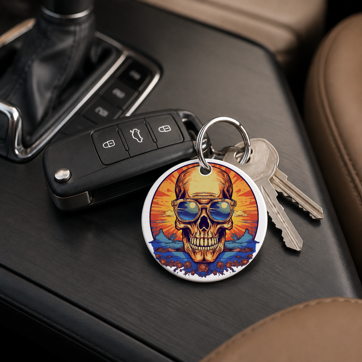 Sunset Skull - Ocean Waves Circle - Keychain in white