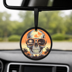 Sunset Skull - Orange Circle Palms - Round Car Charm in black