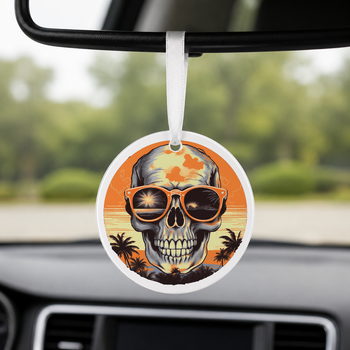 Sunset Skull - Orange Circle Palms - Round Car Charm in white