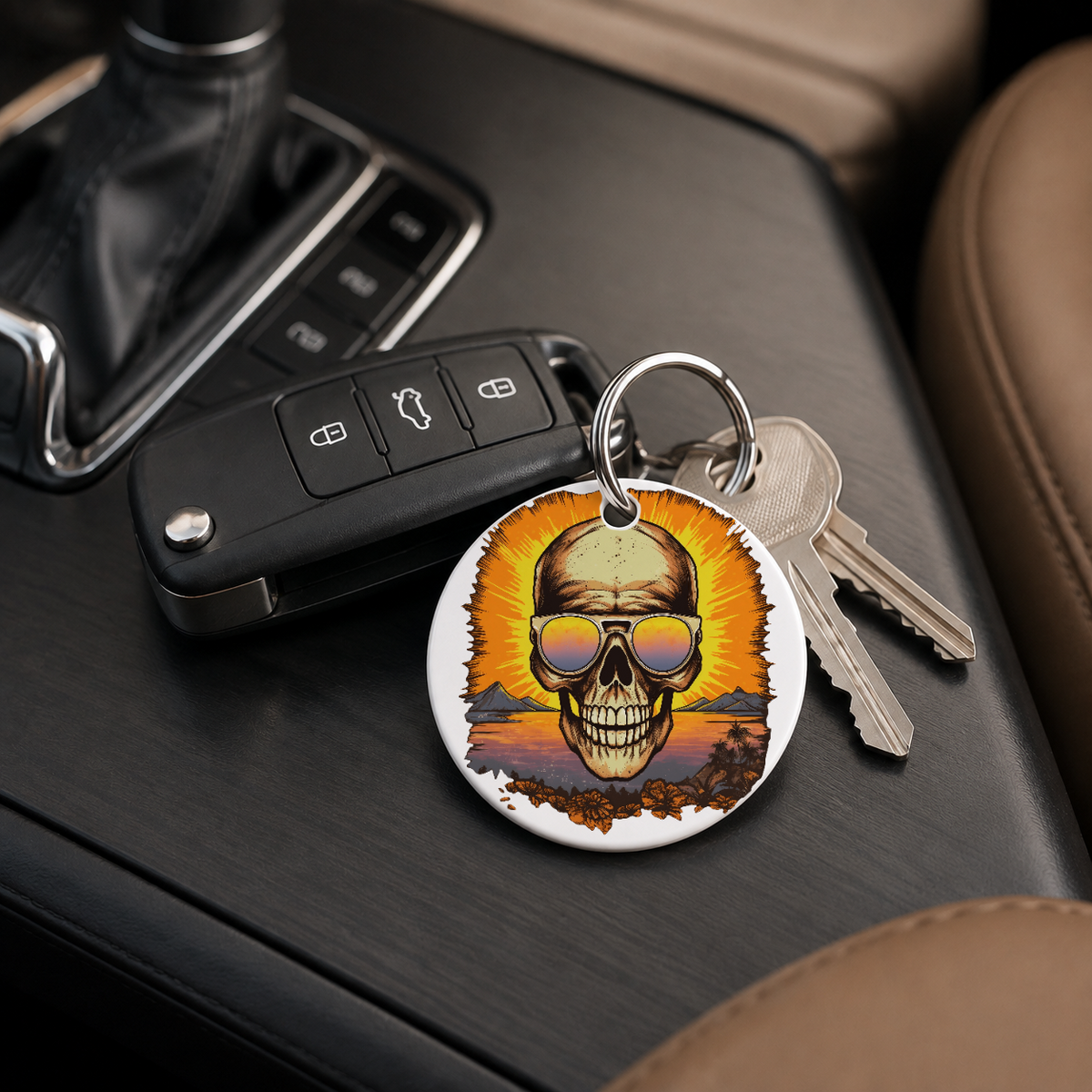 Sunset Skull - Orange Sunburst Glasses - Keychain in white