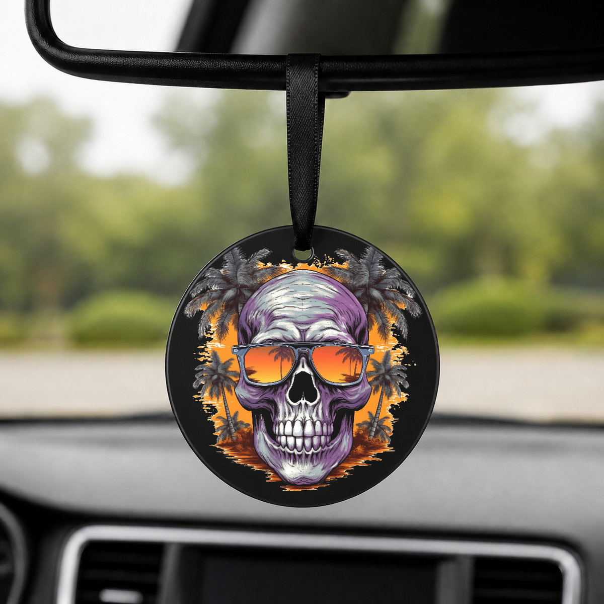 Sunset Skull - Palm Trees Purple - Round Car Charm in black