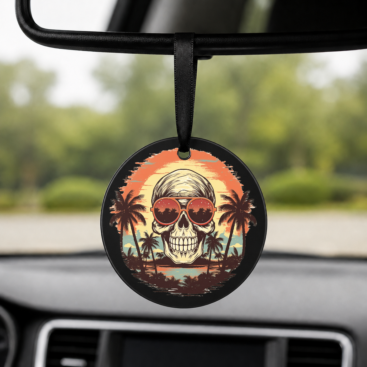 Sunset Skull - Palm Trees Silhouette - Round Car Charm in black