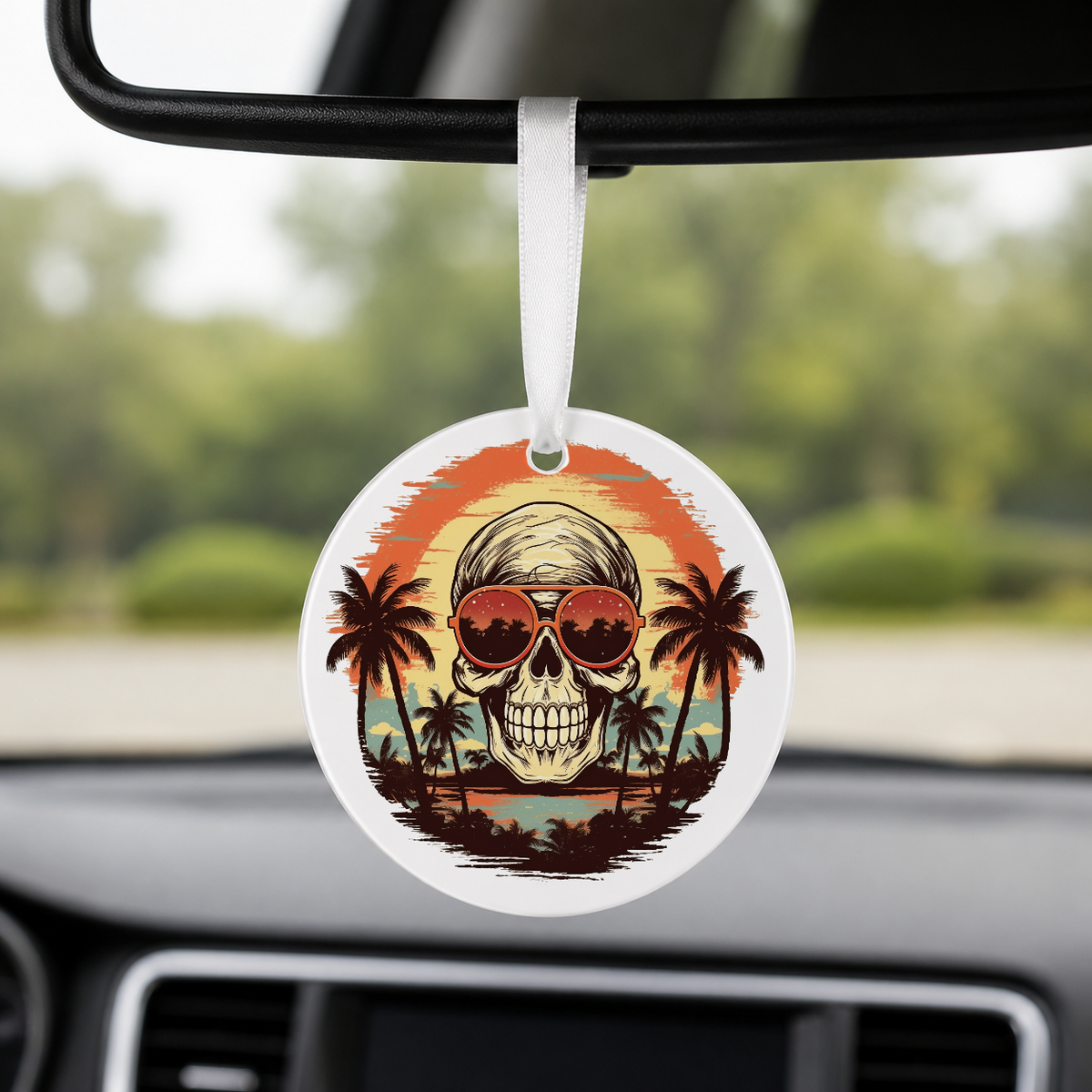 Sunset Skull - Palm Trees Silhouette - Round Car Charm in white