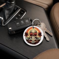 Sunset Skull - Palm Trees Silhouette - Keychain in white