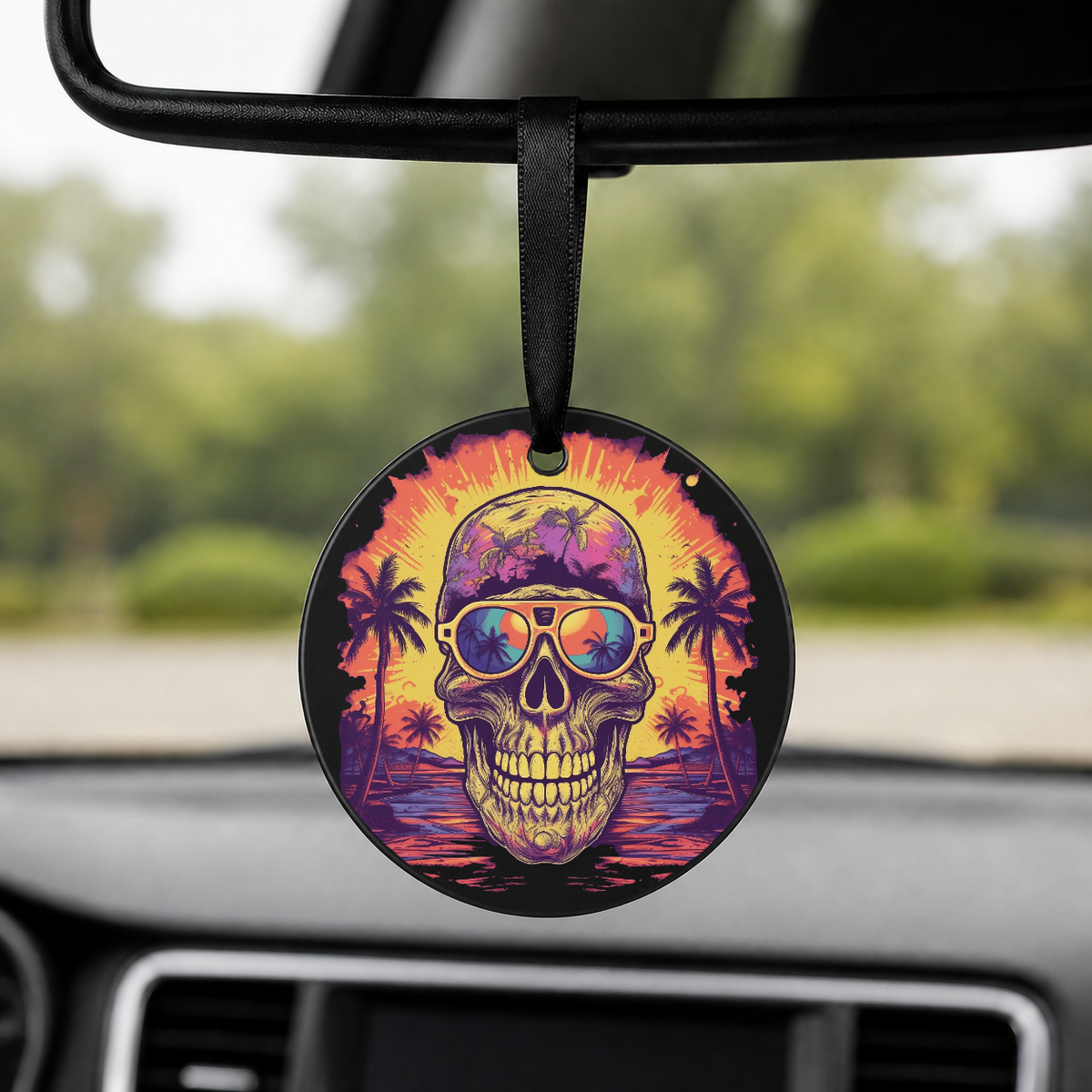 Sunset Skull - Purple Beach Palms - Round Car Charm in black