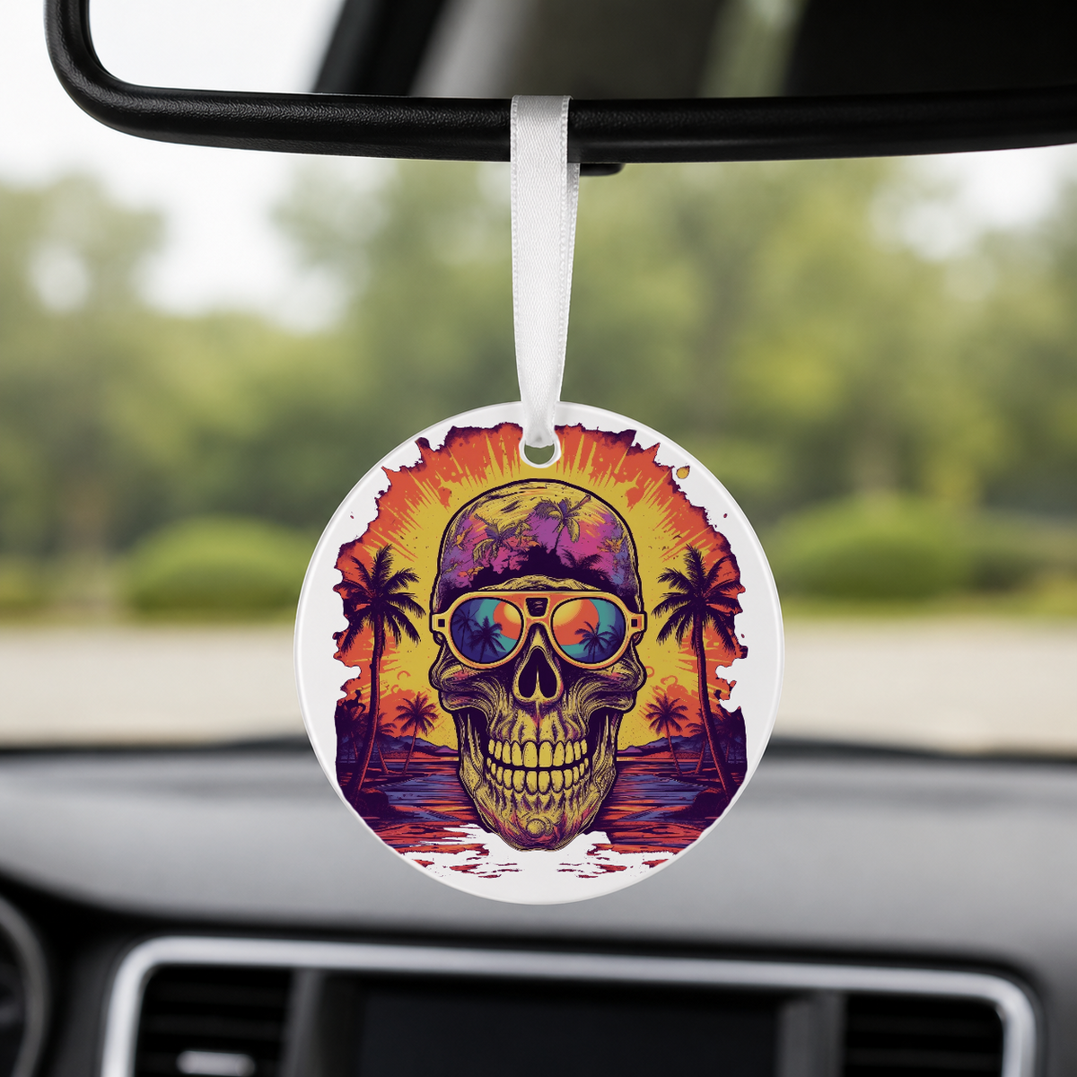 Sunset Skull - Purple Beach Palms - Round Car Charm in white