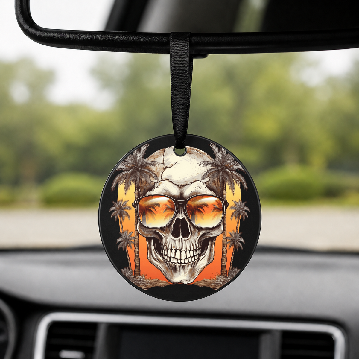 Sunset Skull - Purple Palms Beach - Round Car Charm in black