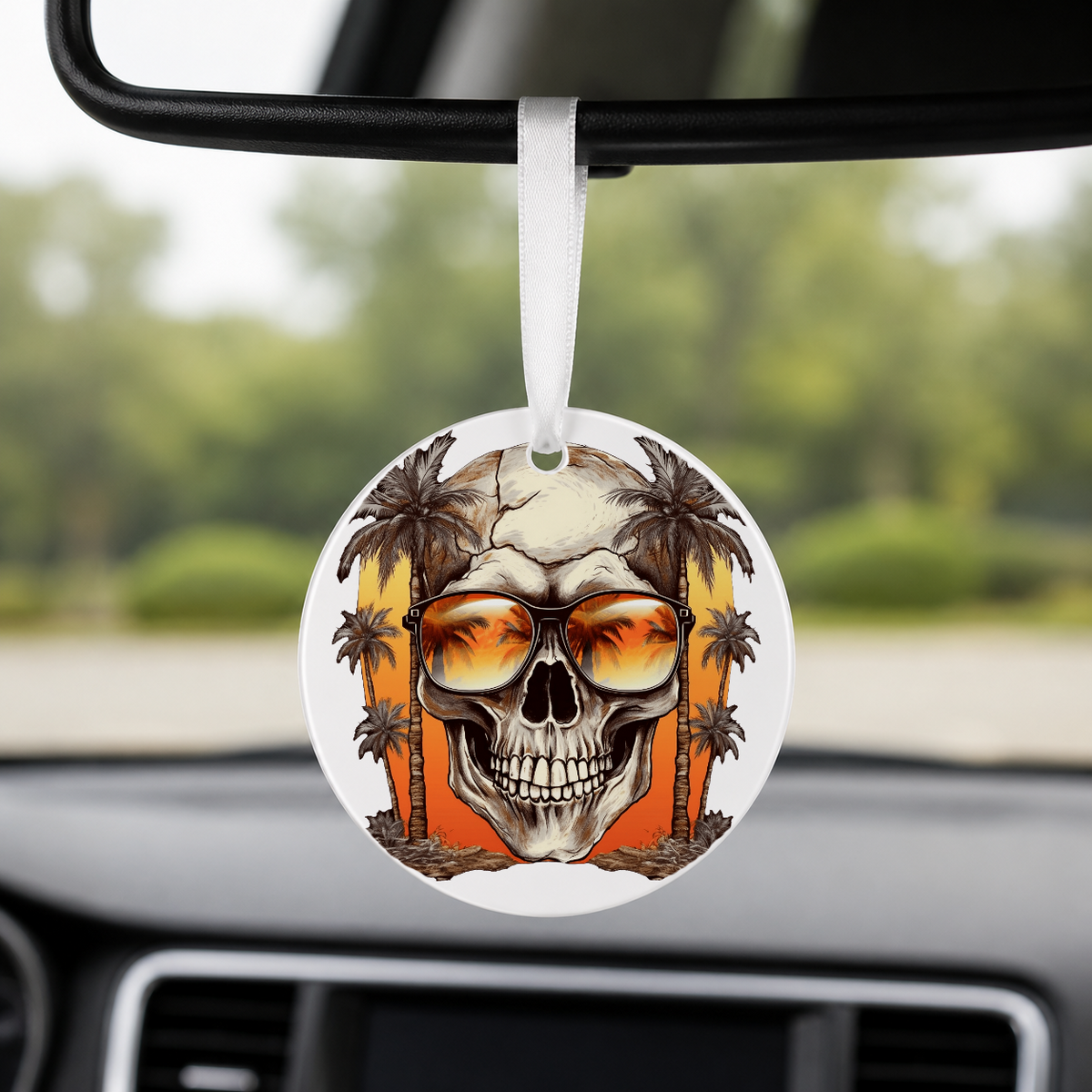 Sunset Skull - Purple Palms Beach - Round Car Charm in white
