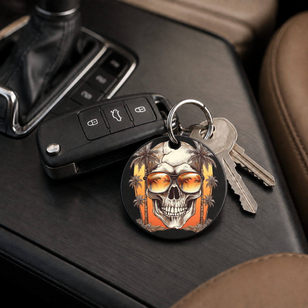 Sunset Skull - Purple Palms Beach - Keychain in black