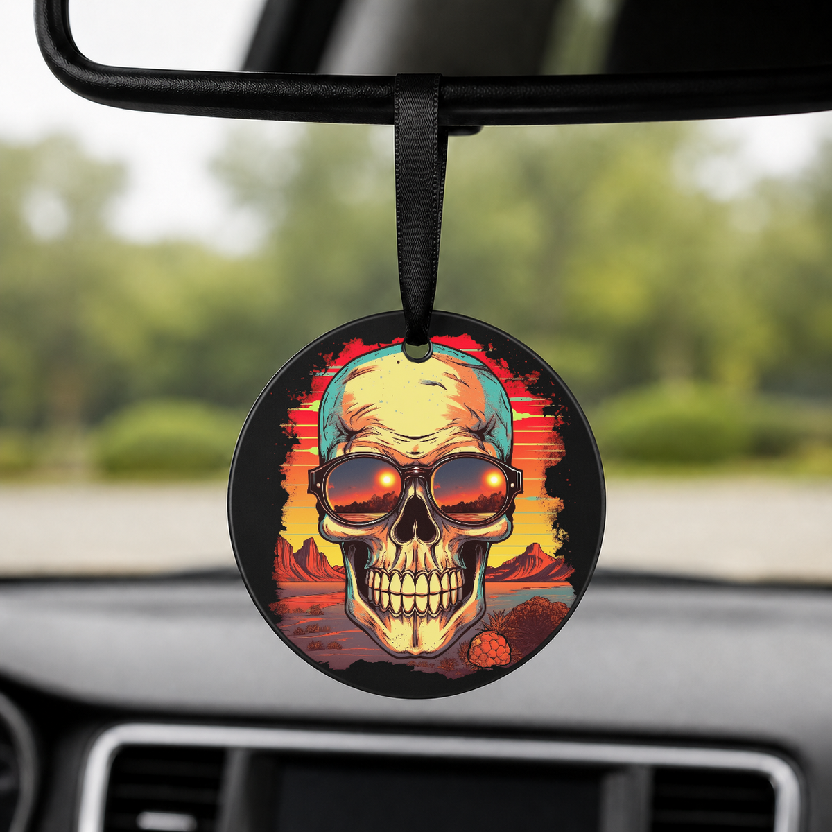 Sunset Skull - Red Desert - Round Car Charm in black