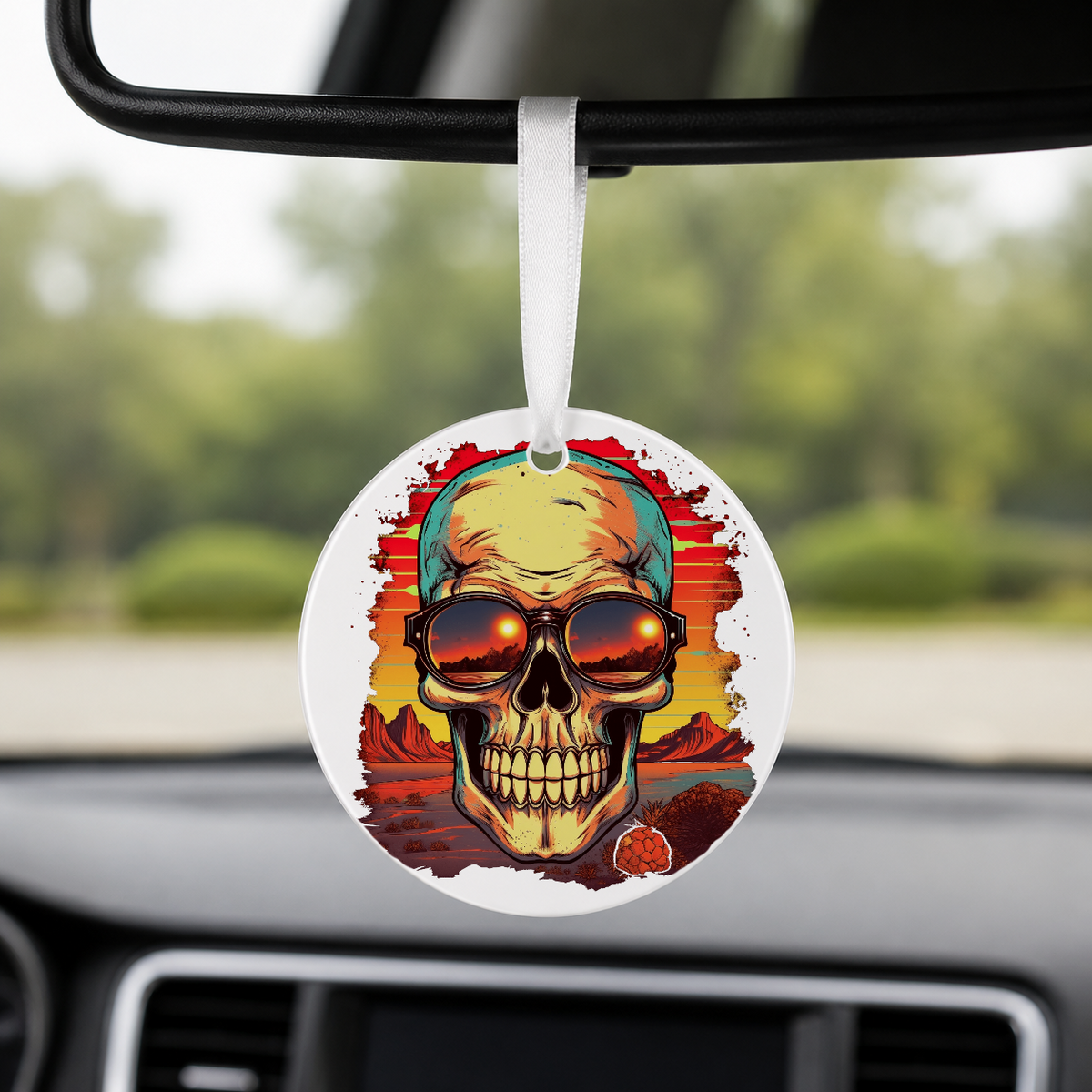 Sunset Skull - Red Desert - Round Car Charm in white