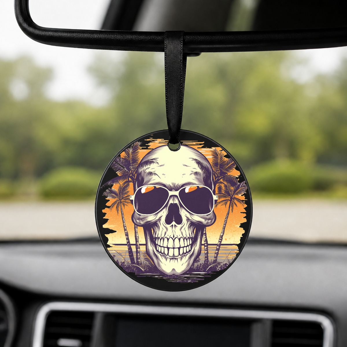 Sunset Skull - White Palms Beach - Round Car Charm in black