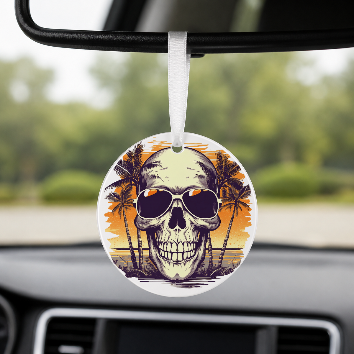 Sunset Skull - White Palms Beach - Round Car Charm in white