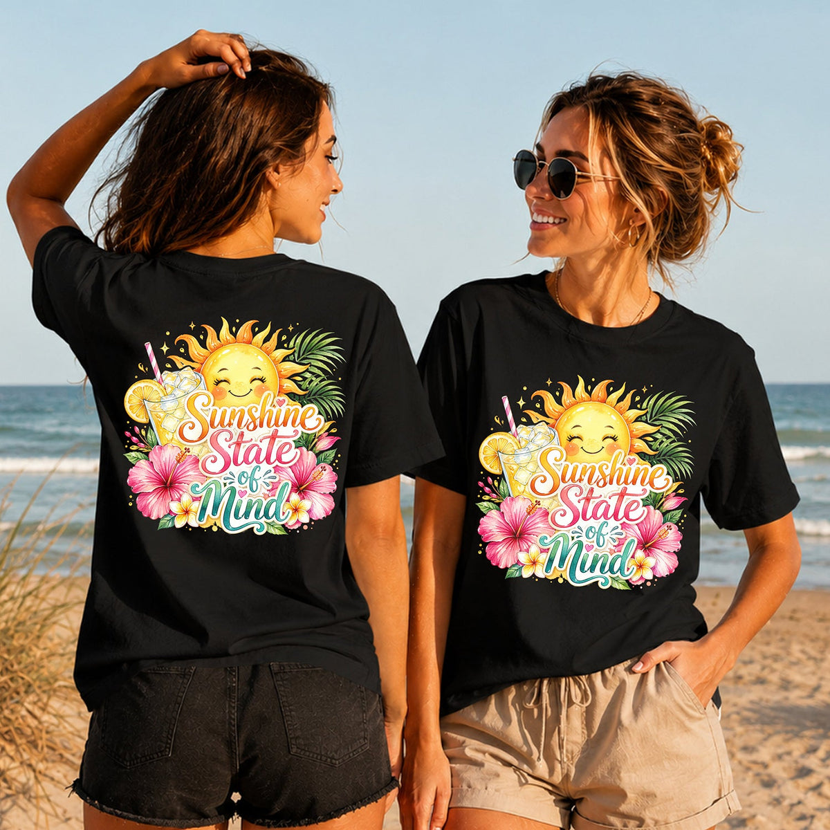 Sunshine State of Mind - Women's T-Shirt in black, showing alternative back and front print placements on the beach