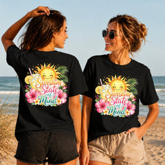 Sunshine State of Mind - Women's T-Shirt in black, showing alternative back and front print placements on the beach