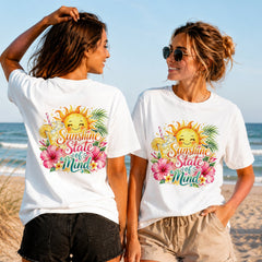 Sunshine State of Mind - Women's T-Shirt in white, showing alternative back and front print placements on the beach