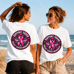 Support Squad Ribbon Circle Badge - Women's T-Shirt in white, showing front and back print placement choices