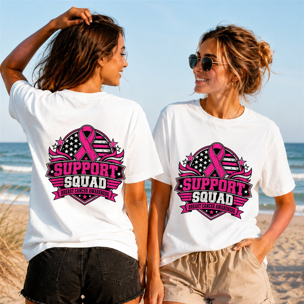 Support Squad Ribbon Shield 2 - Women's T-Shirt in white, showing front and back print placement choices