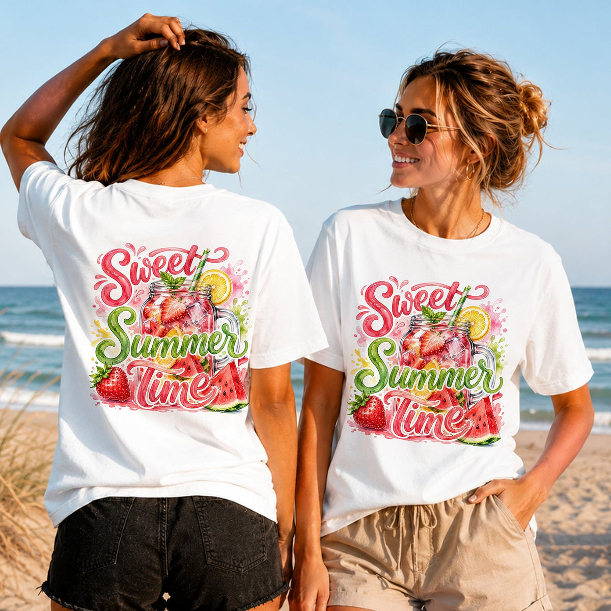 Sweet Summer Time - Women's T-Shirt in white, showing alternative back and front print placements on the beach