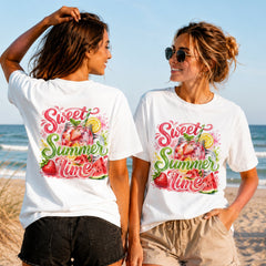 Sweet Summer Time - Women's T-Shirt in white, showing alternative back and front print placements on the beach
