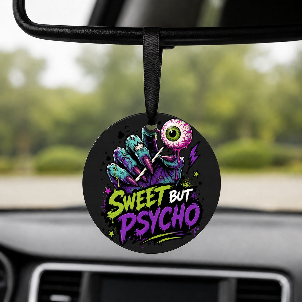 Sweet but Psycho - Eyeball Lollipop - Round Car Charm in black