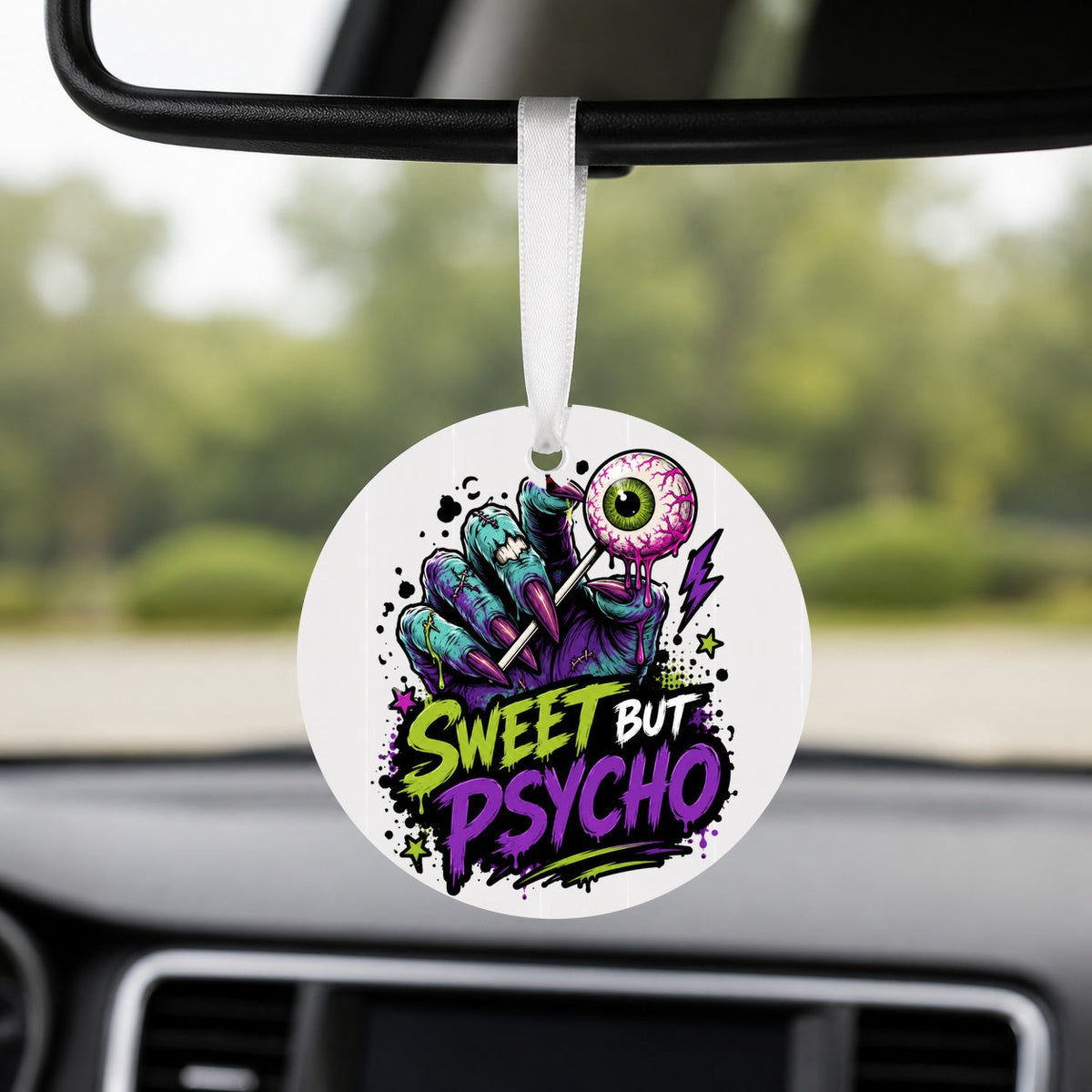 Sweet but Psycho - Eyeball Lollipop - Round Car Charm in white