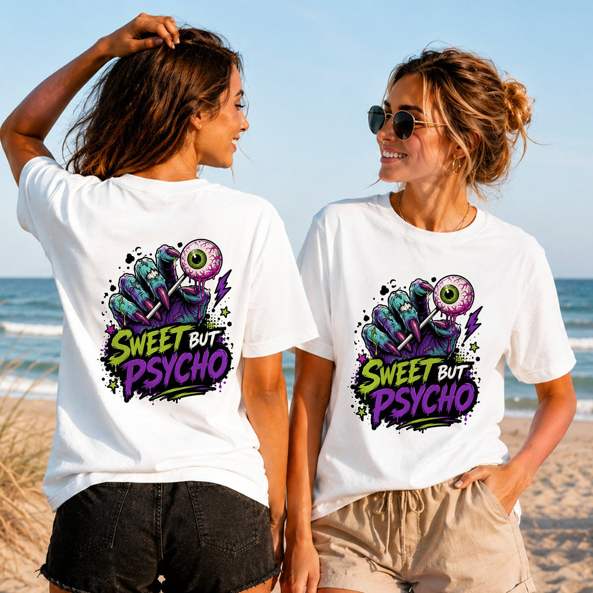 Sweet but Psycho - Eyeball Lollipop - Women's T-Shirt in white, showing alternative back and front print placements on the beach