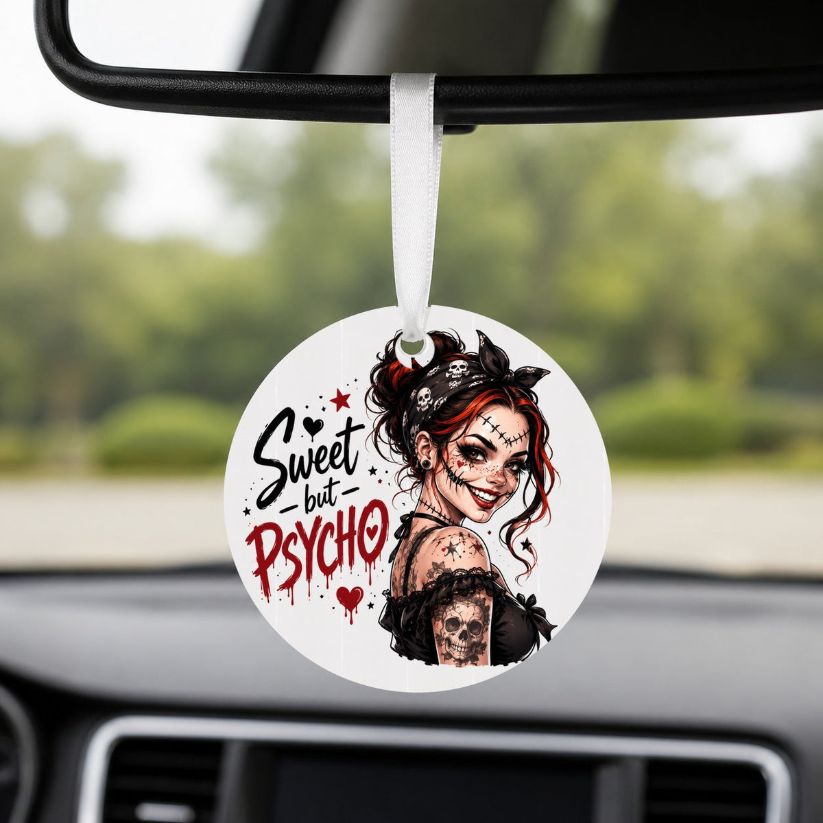 Sweet but Psycho - Gothic Girl - Round Car Charm in white