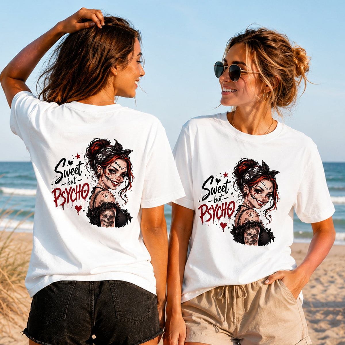 Sweet but Psycho - Gothic Girl - Women's T-Shirt in white, showing alternative back and front print placements on the beach