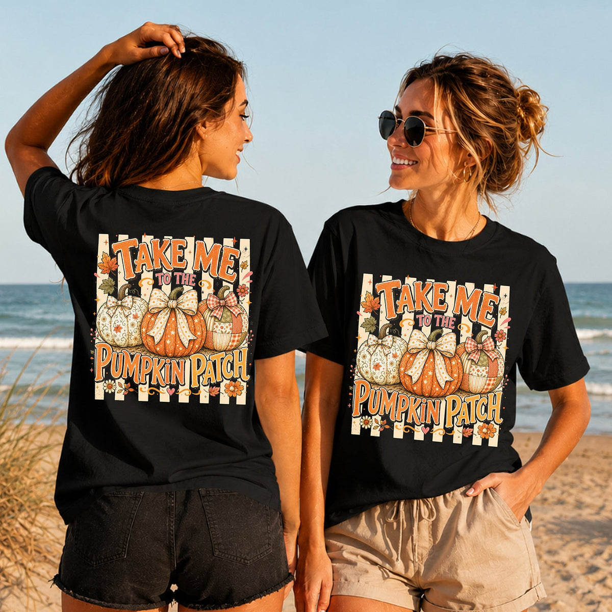 Take Me to the Pumpkin Patch - Women's T-Shirt in black, showing alternative back and front print placements on the beach