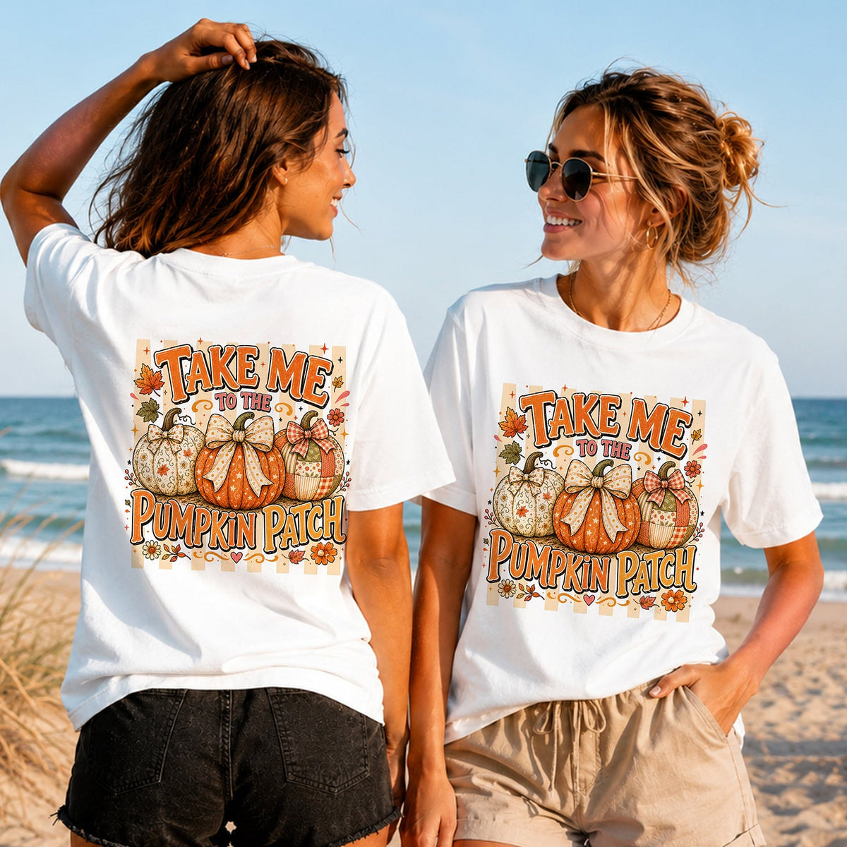 Take Me to the Pumpkin Patch - Women's T-Shirt in white, showing alternative back and front print placements on the beach