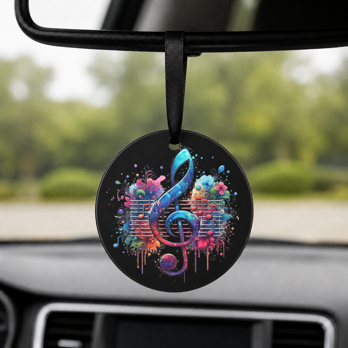 Teal Treble Clef - Sheet Music - Round Car Charm in black