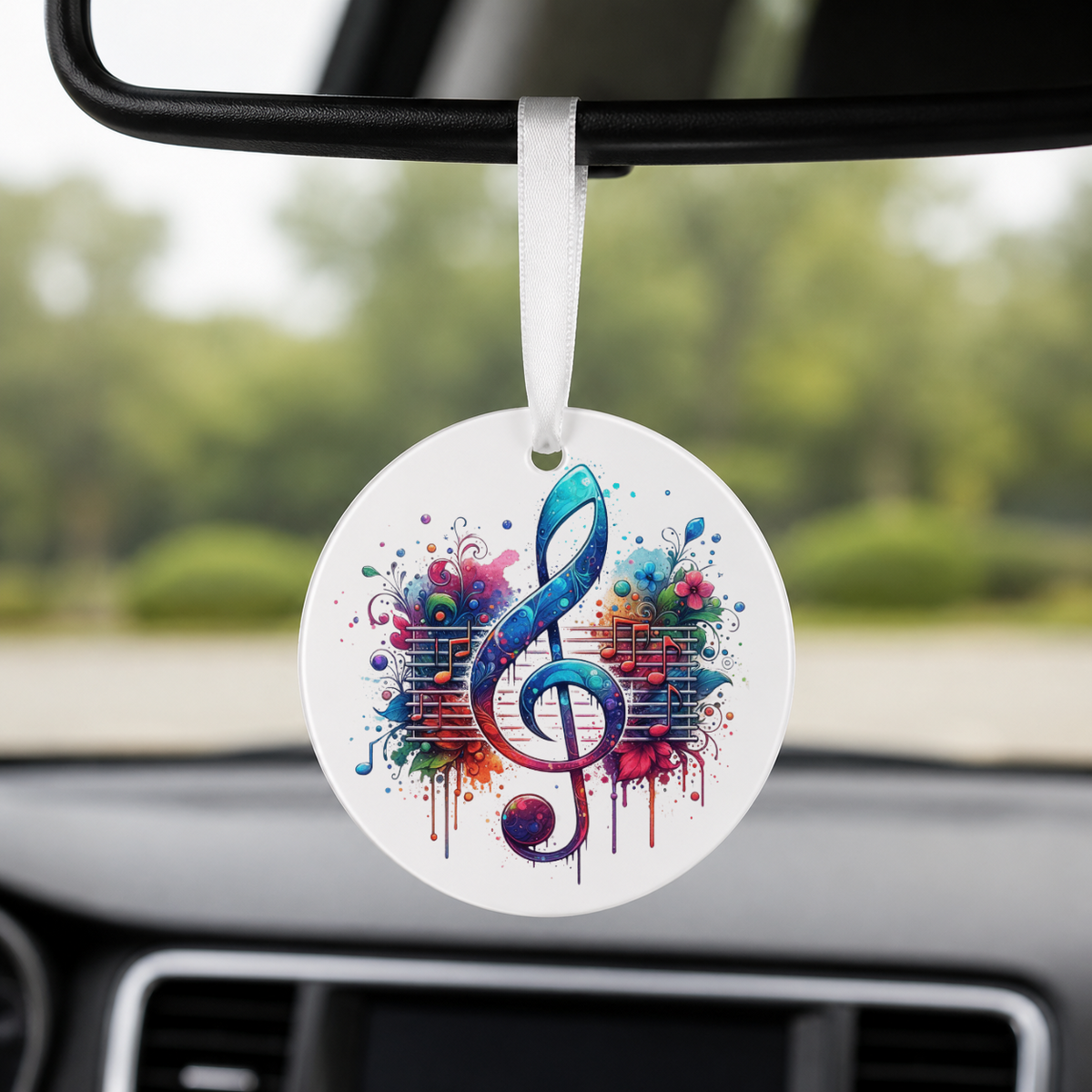 Teal Treble Clef - Sheet Music - Round Car Charm in white
