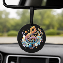 Teal Treble Clef Galaxy Swirl - Round Car Charm in black